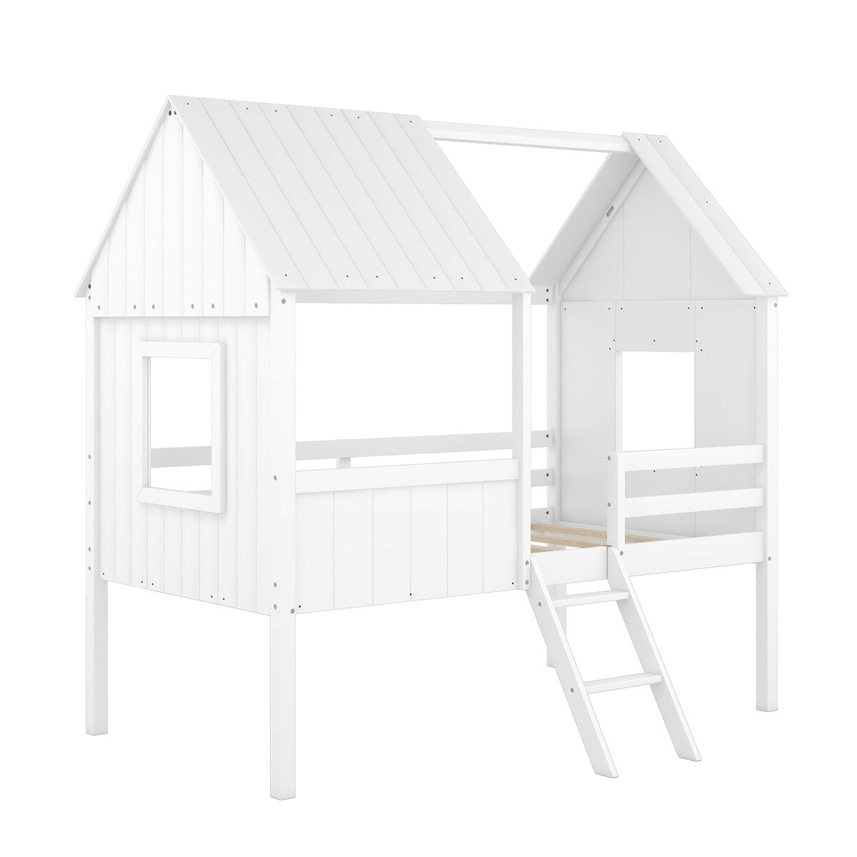 Wooden Twin Size Low Loft Bed Playhouse Bed with 2 Side Windows & Roof