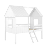 Wooden Twin Size Low Loft Bed Playhouse Bed with 2 Side Windows & Roof