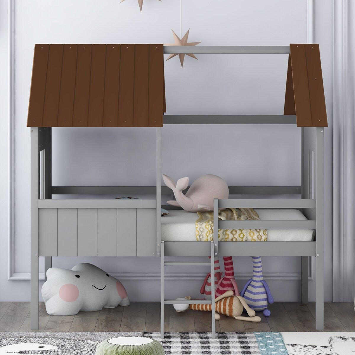 Wooden Twin Size Low Loft Bed Playhouse Bed with 2 Side Windows & Roof