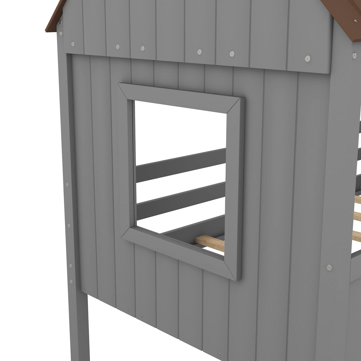 Wooden Twin Size Low Loft Bed Playhouse Bed with 2 Side Windows & Roof