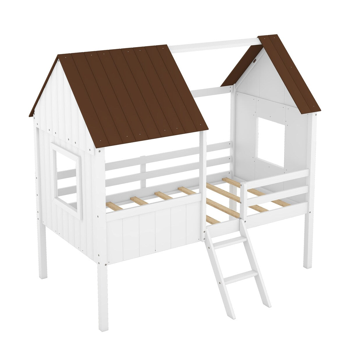 Wooden Twin Size Low Loft Bed Playhouse Bed with 2 Side Windows & Roof