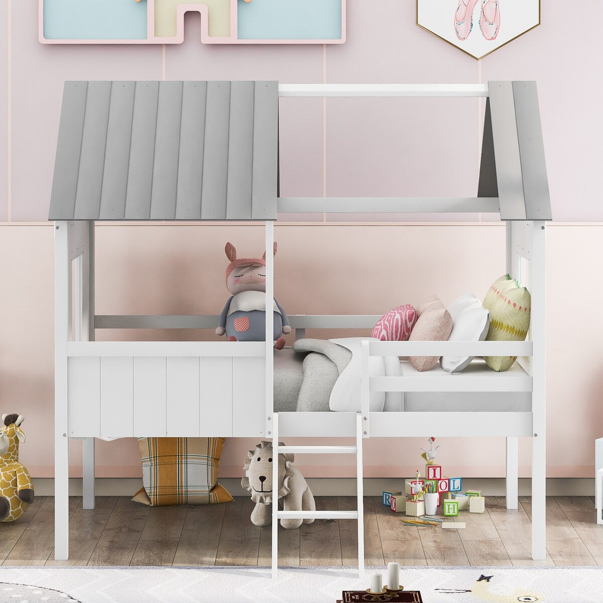 Wooden Twin Size Low Loft Bed Playhouse Bed with 2 Side Windows & Roof