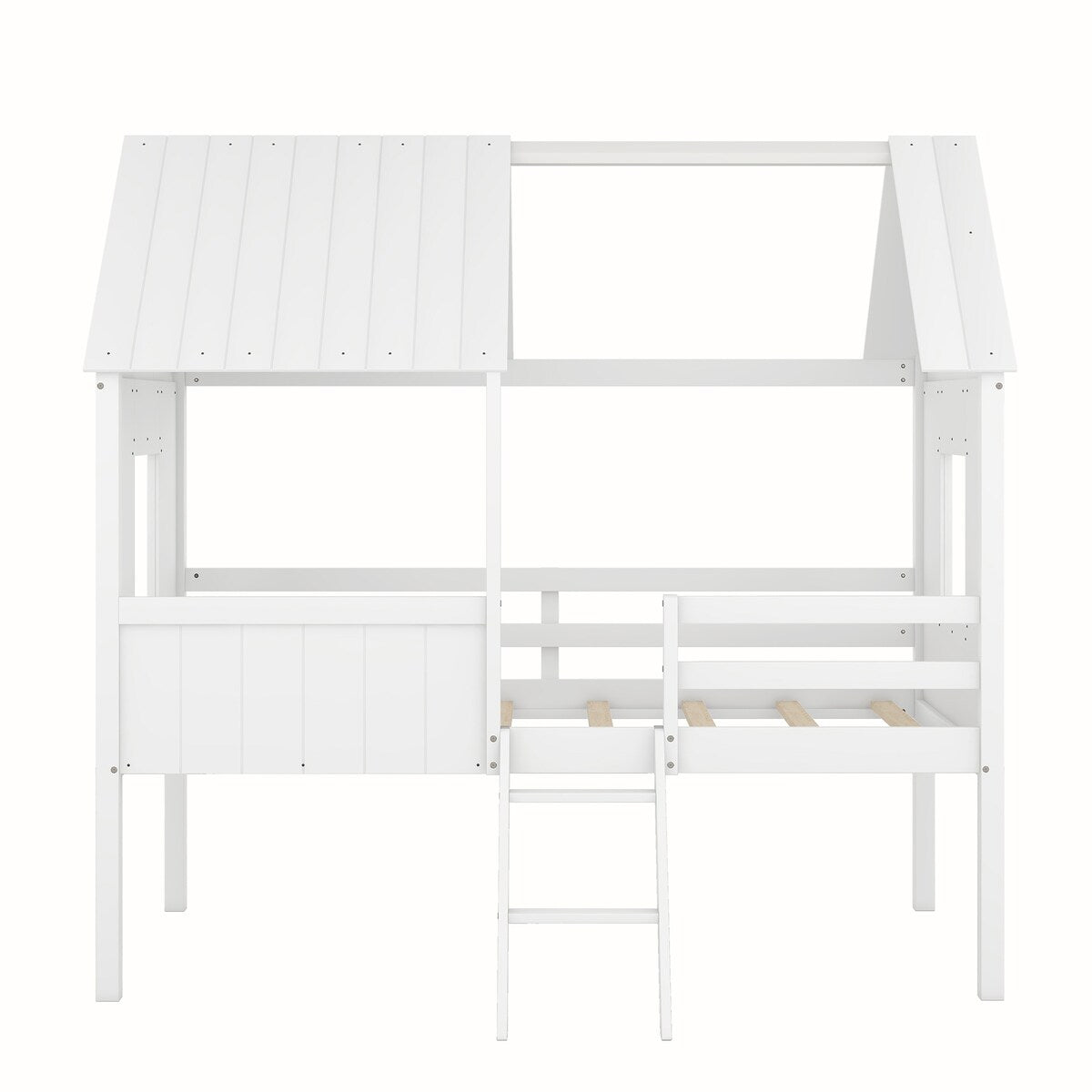 Wooden Twin Size Low Loft Bed Playhouse Bed with 2 Side Windows & Roof