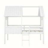 Wooden Twin Size Low Loft Bed Playhouse Bed with 2 Side Windows & Roof