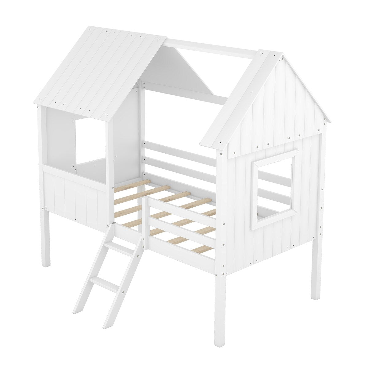 Wooden Twin Size Low Loft Bed Playhouse Bed with 2 Side Windows & Roof