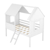 Wooden Twin Size Low Loft Bed Playhouse Bed with 2 Side Windows & Roof