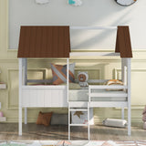 Wooden Twin Size Low Loft Bed Playhouse Bed with 2 Side Windows & Roof