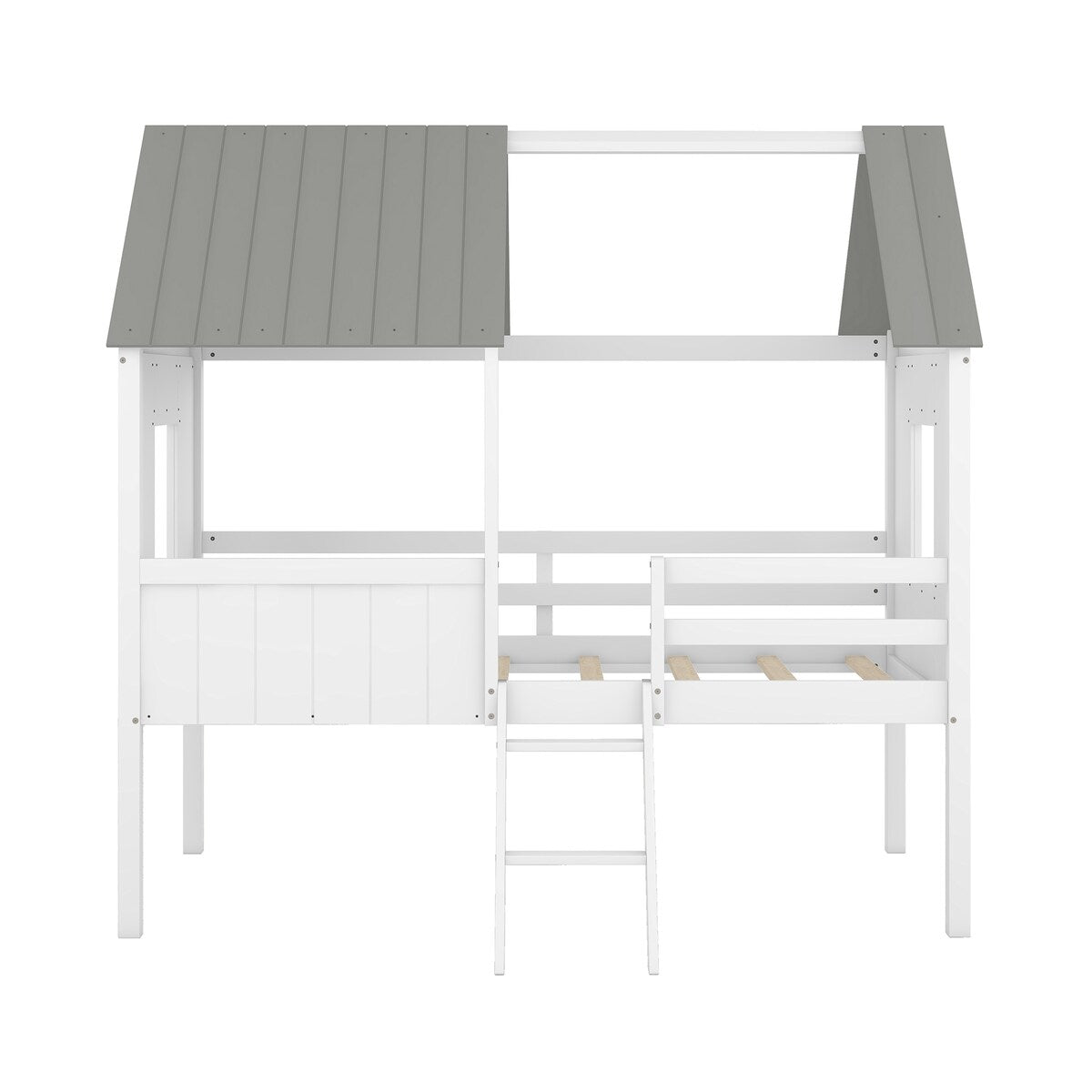 Wooden Twin Size Low Loft Bed Playhouse Bed with 2 Side Windows & Roof