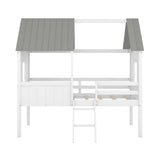 Wooden Twin Size Low Loft Bed Playhouse Bed with 2 Side Windows & Roof