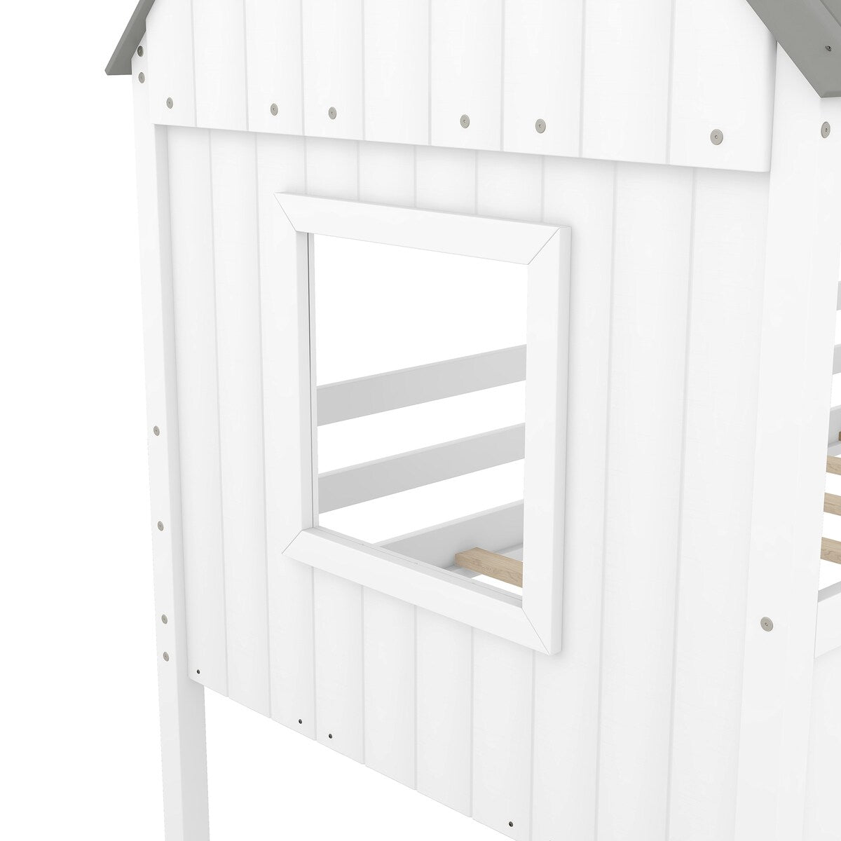 Wooden Twin Size Low Loft Bed Playhouse Bed with 2 Side Windows & Roof