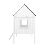 Wooden Twin Size Low Loft Bed Playhouse Bed with 2 Side Windows & Roof