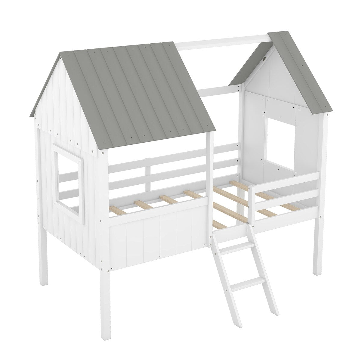 Wooden Twin Size Low Loft Bed Playhouse Bed with 2 Side Windows & Roof