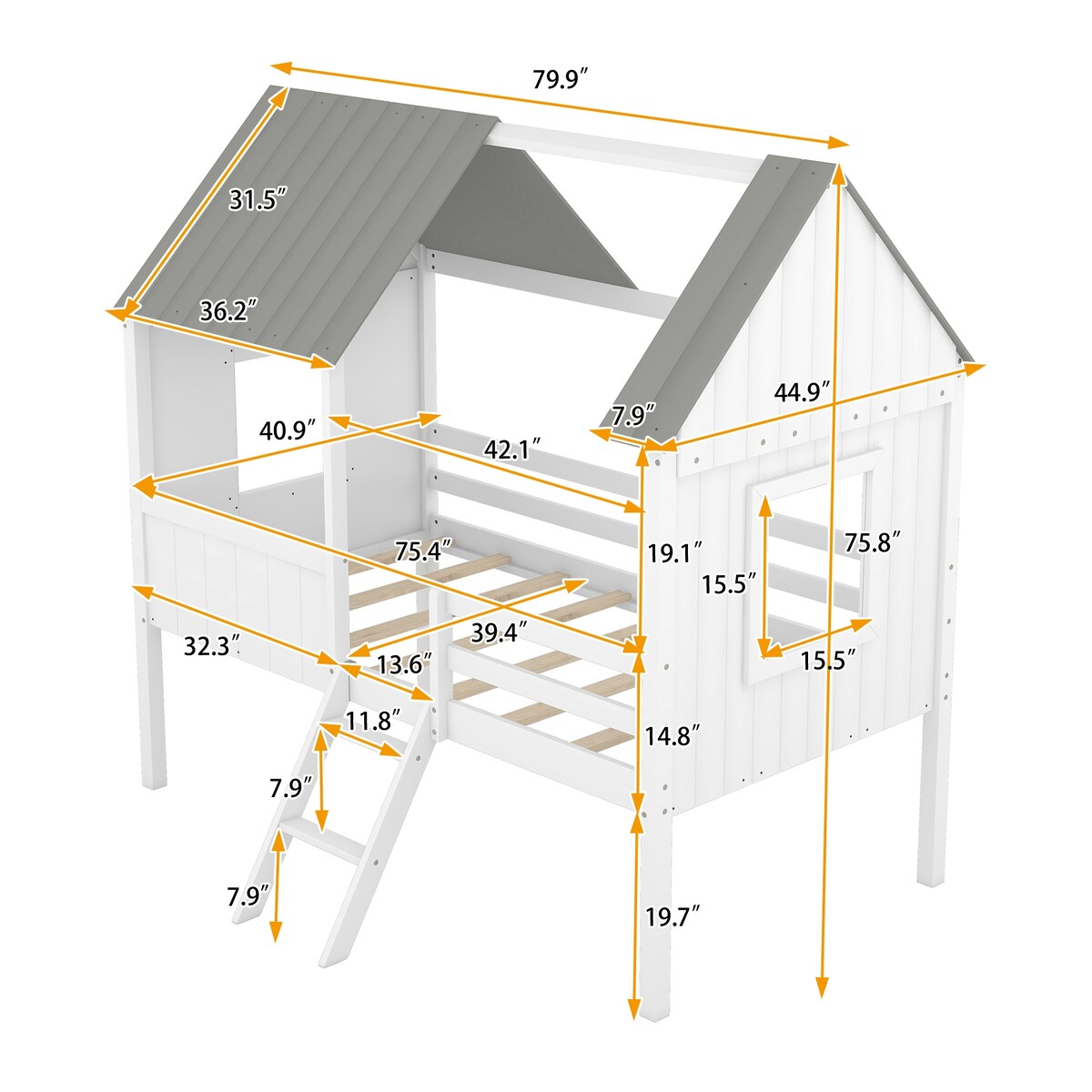 Wooden Twin Size Low Loft Bed Playhouse Bed with 2 Side Windows & Roof