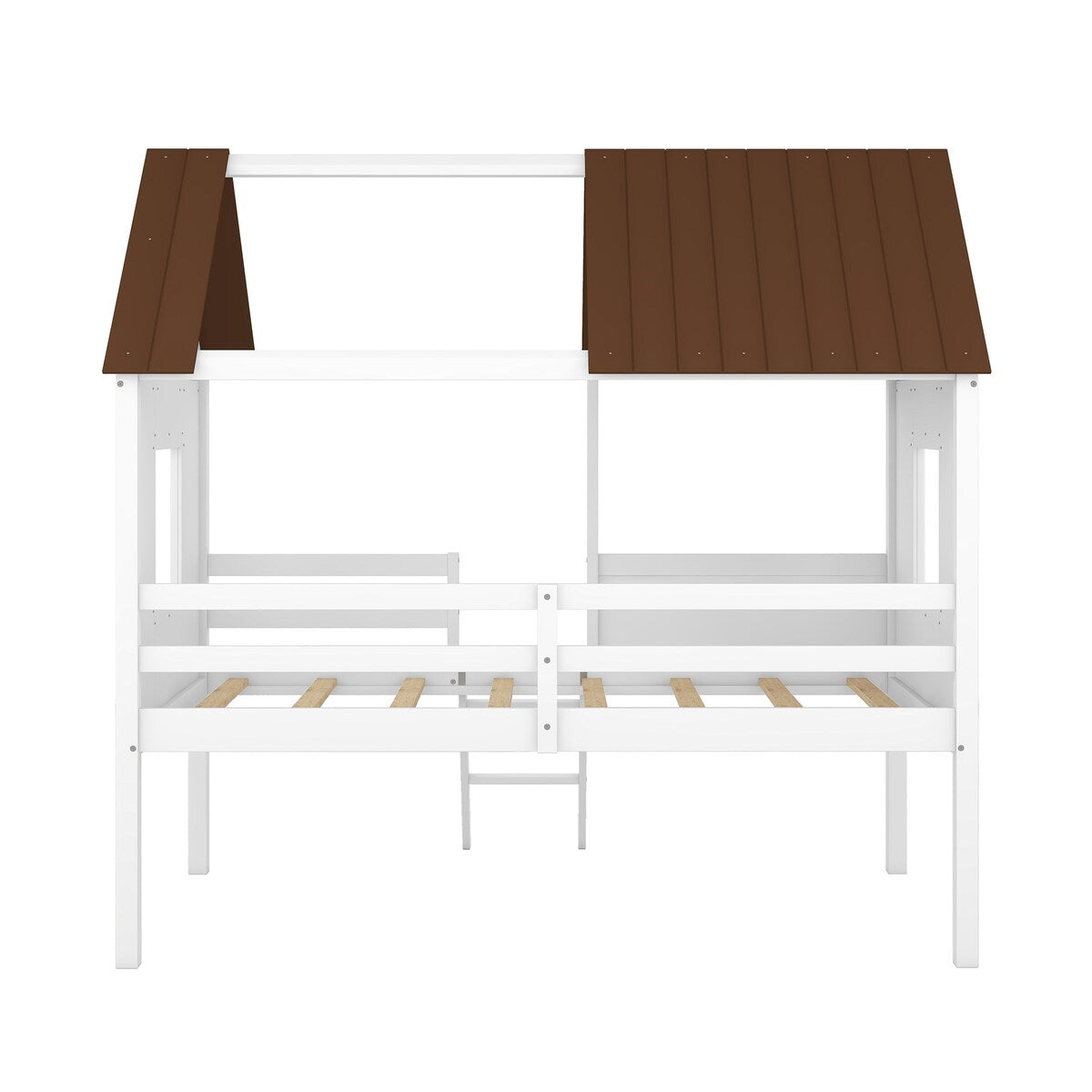 Wooden Twin Size Low Loft Bed Playhouse Bed with 2 Side Windows & Roof