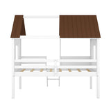 Wooden Twin Size Low Loft Bed Playhouse Bed with 2 Side Windows & Roof