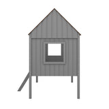 Wooden Twin Size Low Loft Bed Playhouse Bed with 2 Side Windows & Roof