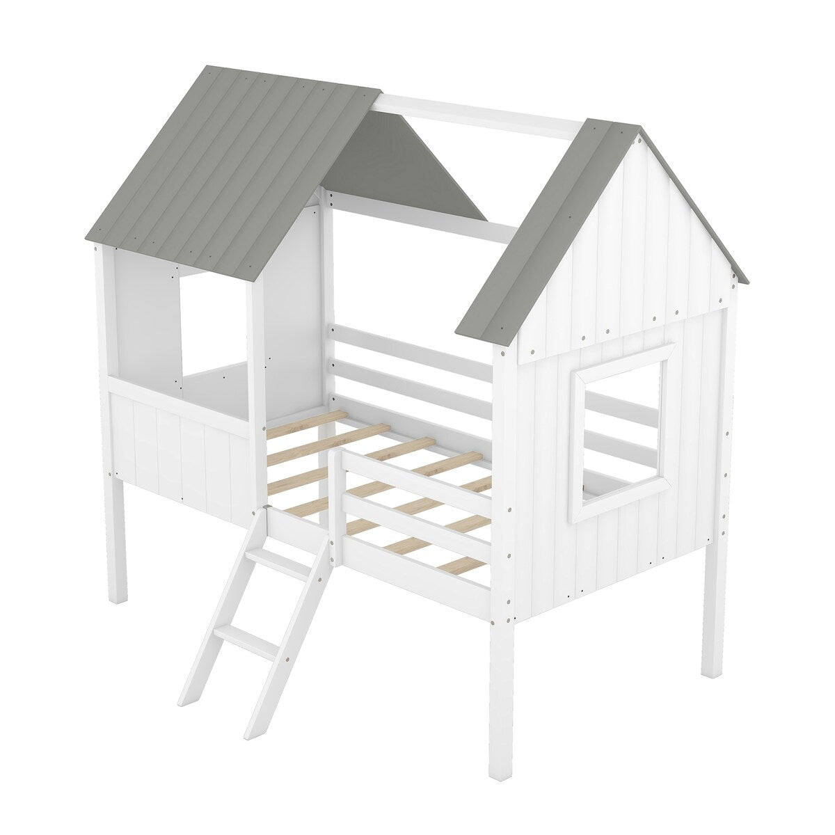 Wooden Twin Size Low Loft Bed Playhouse Bed with 2 Side Windows & Roof