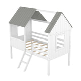 Wooden Twin Size Low Loft Bed Playhouse Bed with 2 Side Windows & Roof