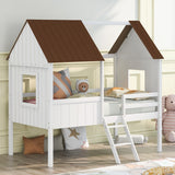 Wooden Twin Size Low Loft Bed Playhouse Bed with 2 Side Windows & Roof