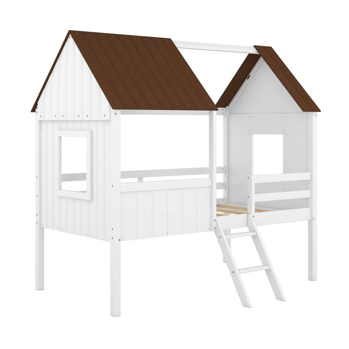 Wooden Twin Size Low Loft Bed Playhouse Bed with 2 Side Windows & Roof