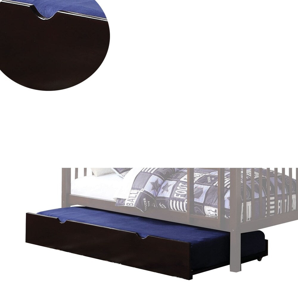Wooden Twin Trundle with Caster Wheels and Cut Out Handle, Dark Brown