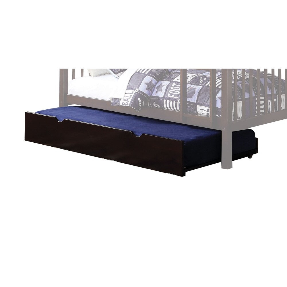 Wooden Twin Trundle with Caster Wheels and Cut Out Handle, Dark Brown