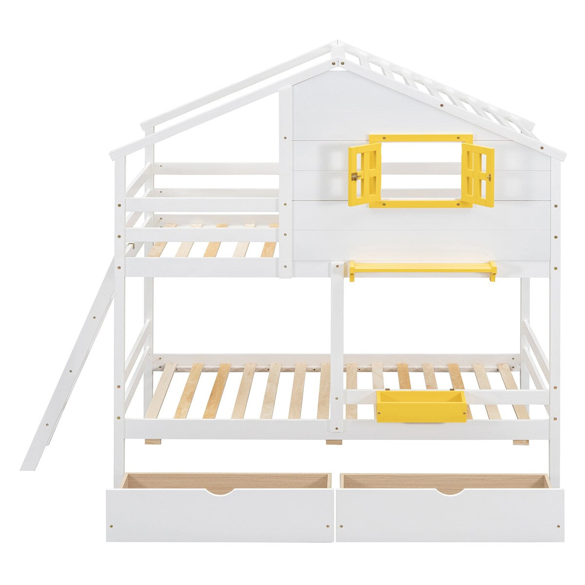 Wooden Twin-Twin Bunk Bed Frame w/ Drawers, Shelf & Window, White