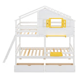 Wooden Twin-Twin Bunk Bed Frame w/ Drawers, Shelf & Window, White