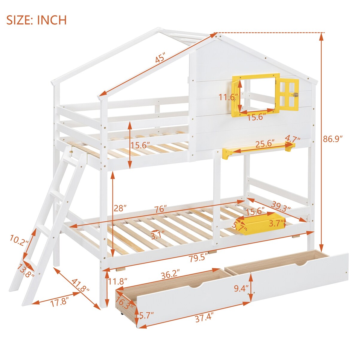Wooden Twin-Twin Bunk Bed Frame w/ Drawers, Shelf & Window, White