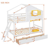 Wooden Twin-Twin Bunk Bed Frame w/ Drawers, Shelf & Window, White