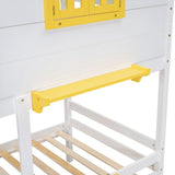 Wooden Twin-Twin Bunk Bed Frame w/ Drawers, Shelf & Window, White