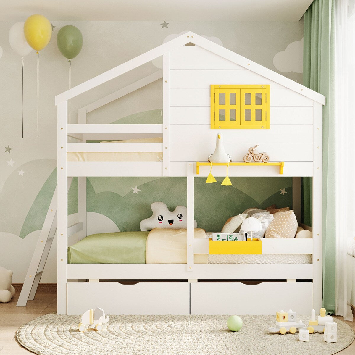 Wooden Twin-Twin Bunk Bed Frame w/ Drawers, Shelf & Window, White