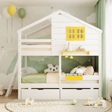 Wooden Twin-Twin Bunk Bed Frame w/ Drawers, Shelf & Window, White