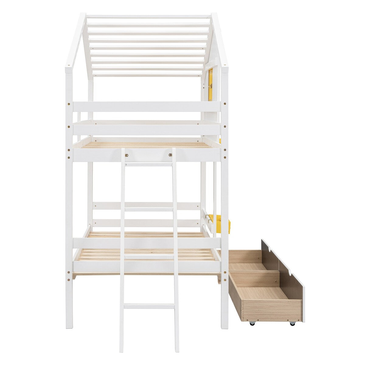 Wooden Twin-Twin Bunk Bed Frame w/ Drawers, Shelf & Window, White