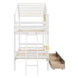 Wooden Twin-Twin Bunk Bed Frame w/ Drawers, Shelf & Window, White