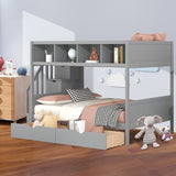Wooden Twin over Full Bunk Bed with Shelfs, Storage Staircase and 2 Drawers