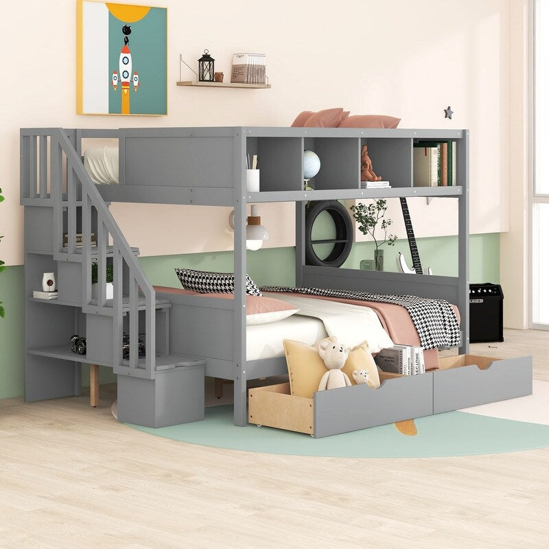 Wooden Twin over Full Bunk Bed with Shelfs, Storage Staircase and 2 Drawers