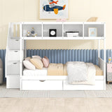 Wooden Twin over Full Bunk Bed with Shelfs, Storage Staircase and 2 Drawers