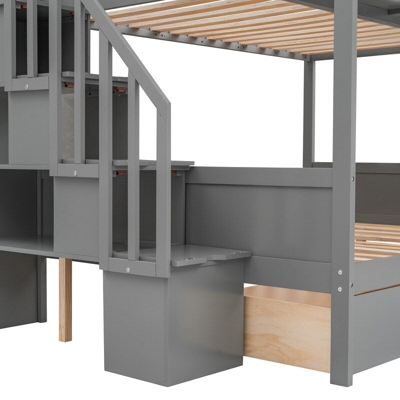 Wooden Twin over Full Bunk Bed with Shelfs, Storage Staircase and 2 Drawers