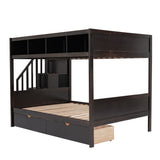 Wooden Twin over Full Bunk Bed with Shelfs, Storage Staircase and 2 Drawers