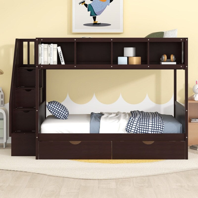 Wooden Twin over Full Bunk Bed with Shelfs, Storage Staircase and 2 Drawers