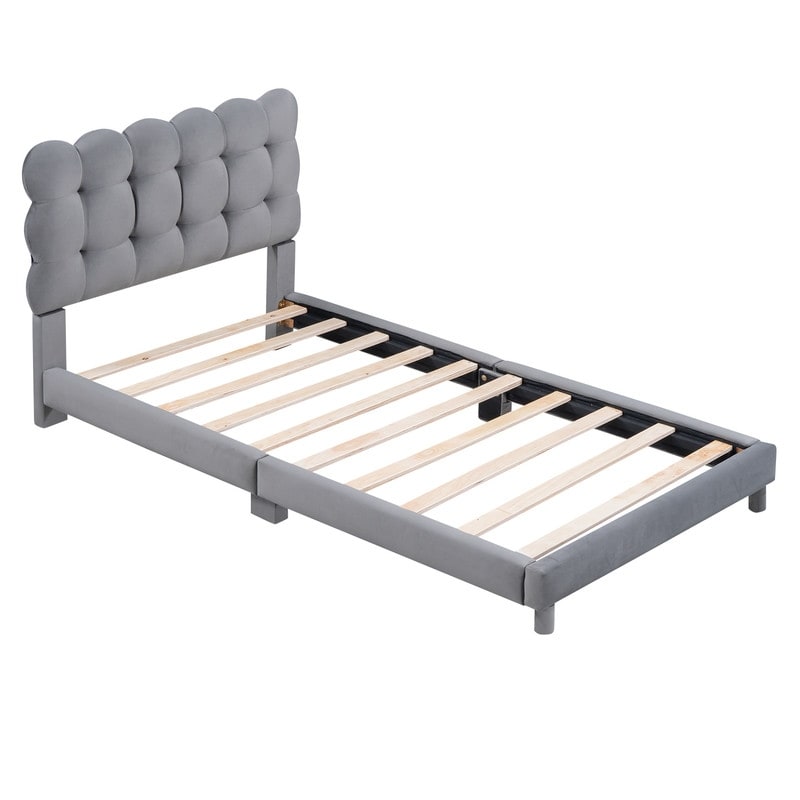 Wooden Velvet Upholstered Platform Bed with Soft Headboard, Twin Size