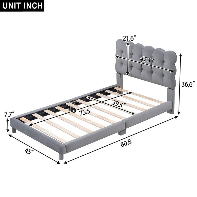 Wooden Velvet Upholstered Platform Bed with Soft Headboard, Twin Size