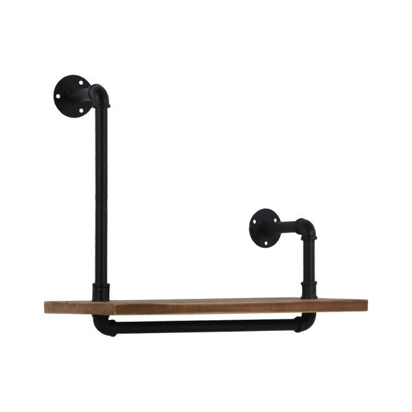 Wooden Wall Shelf With Uneven Iron Pipe Design, Natural Brown And Black