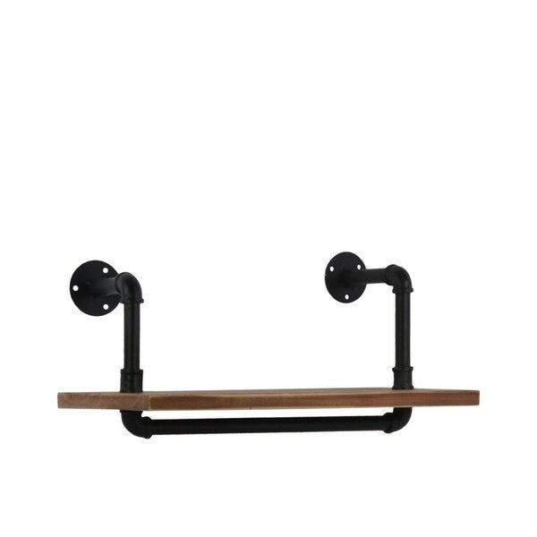 Wooden Wall Shelf with Iron Pipe Design, Natural Brown And Black