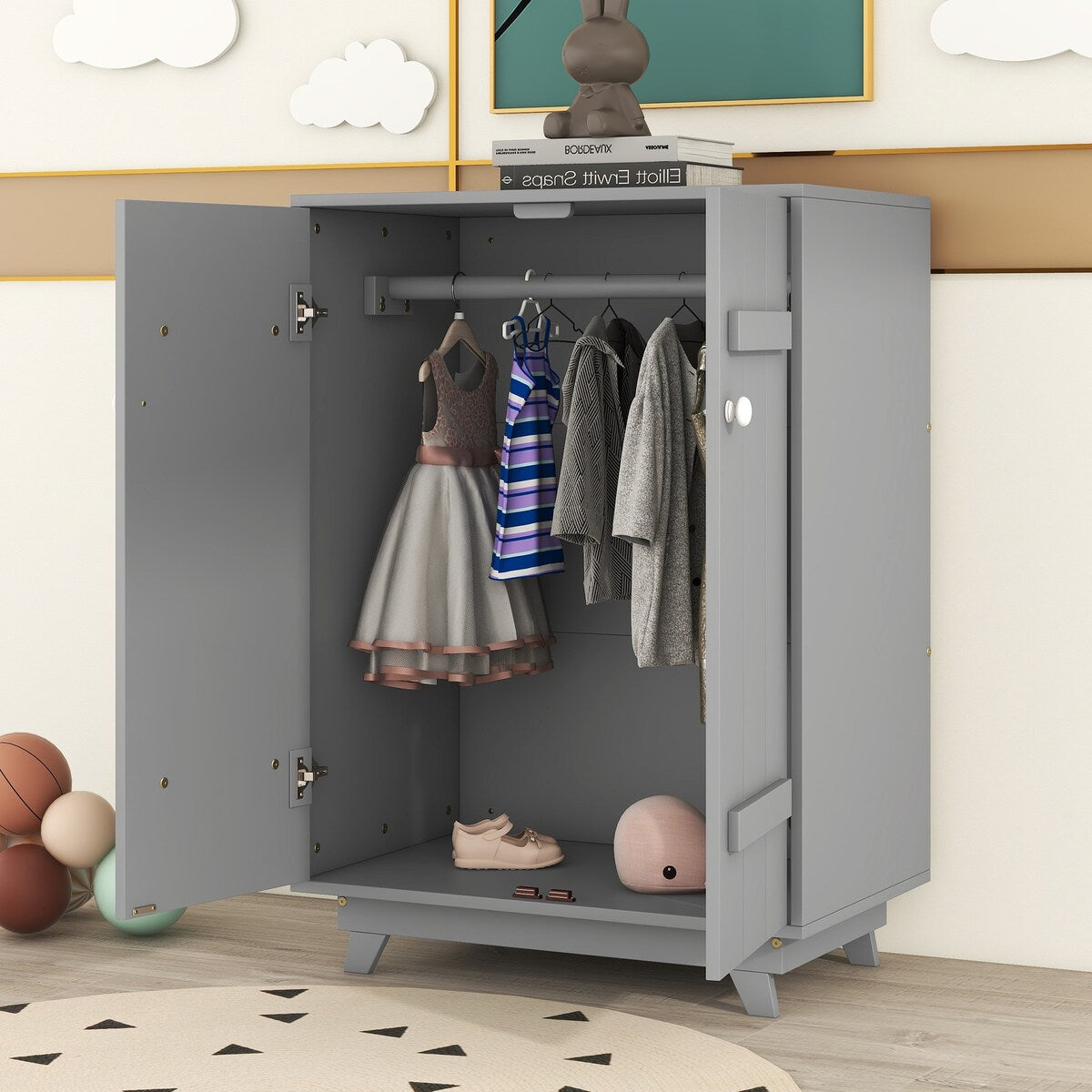 Wooden Wardrobe Cabinet Storage Armoires With Hanging Rod And Doors,Sturdy Frame,Versatile Use