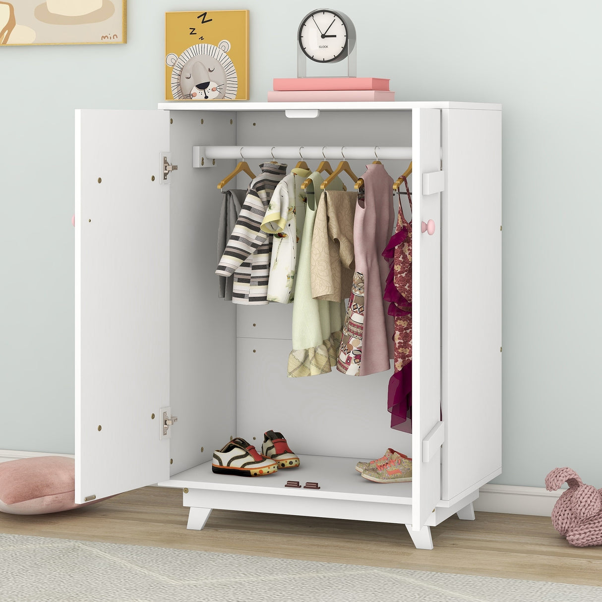 Wooden Wardrobe with Hanging Rod, Storage Armoires