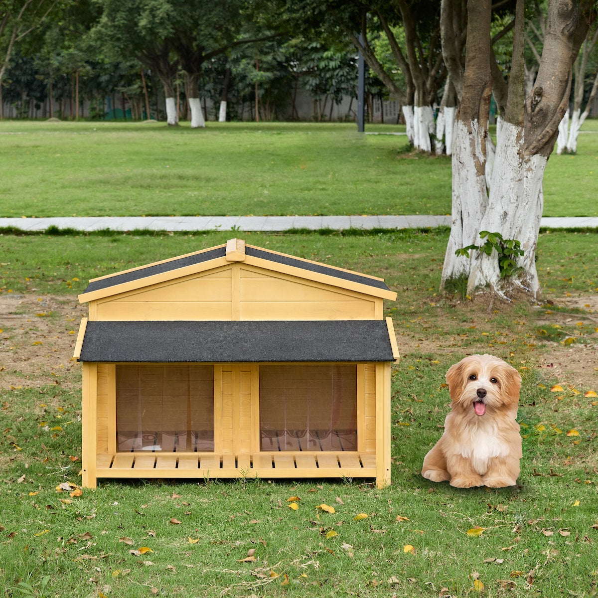 Wooden Waterproof Dog Cage Kennel with Porch & 2 Doors