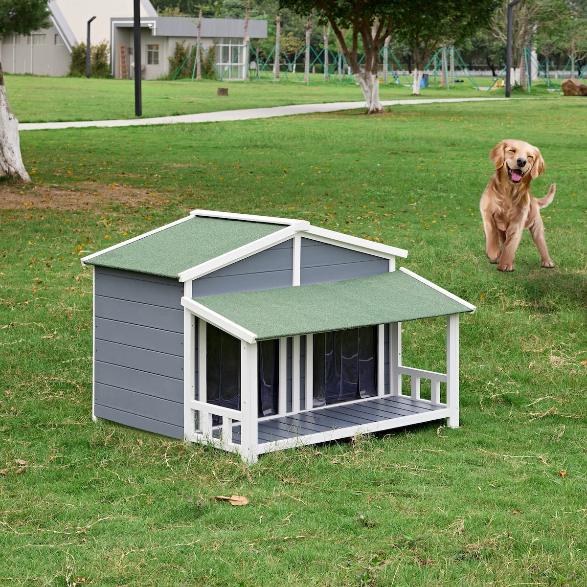 Wooden Waterproof Dog Cage Kennel with Porch & 2 Doors