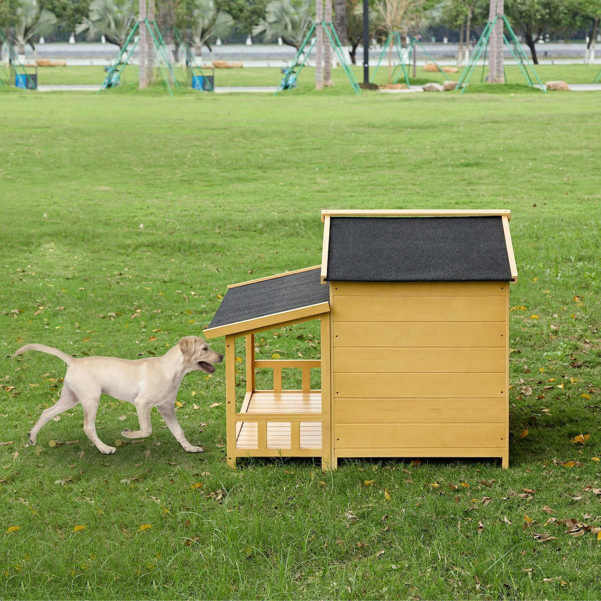 Wooden Waterproof Dog Cage Kennel with Porch & 2 Doors